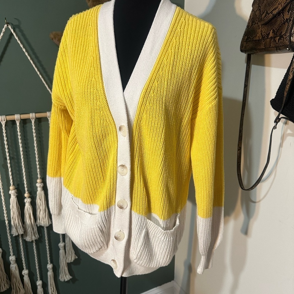 LOFT Yellow and White Color block Cardigan Sweater Granny-core size M